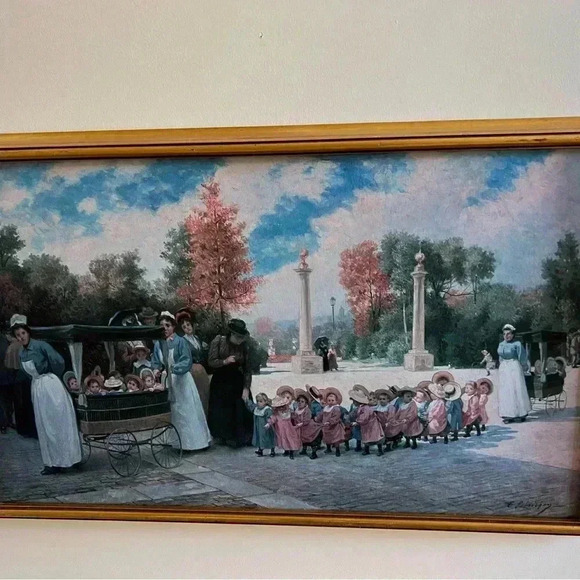 French Canvas Promenade Des Enfants Art by Timoleon Marie Lobrichon Gold Frame - Picture 11 of 16